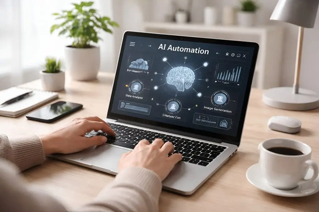artificial intelligence, automation, machine learning, laptop, workspace, modern design, remote work, desk, productivity, digital workflow, neutral tones, natural lighting, professional, home office, coffee cup, nature, plant, creative workspace, teamwork, office plant